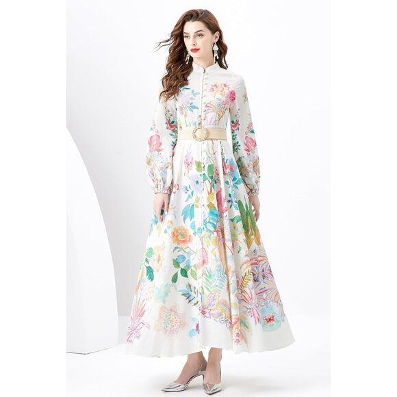 Women's Floral Maxi Dress Polyester Puff Sleeve Button Up Dress for Casual - Picture 2 of 6